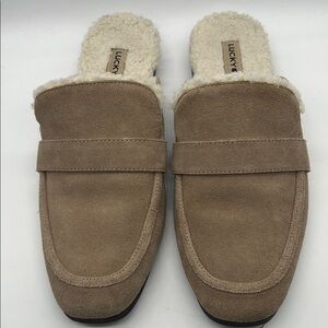 Lucky 🍀 Brand Leather Mules Sz 9 faux fur lined Tan EUC